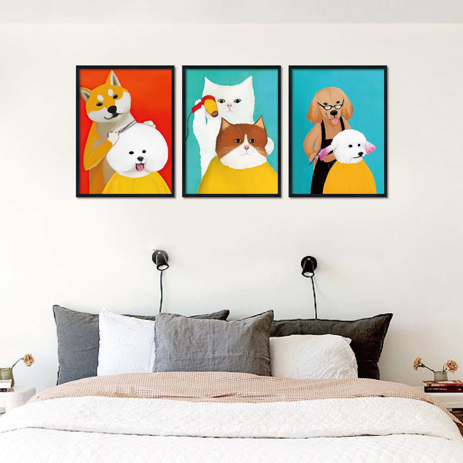 Triplet Wood Frame Decorative Painting (Animal Haircut)