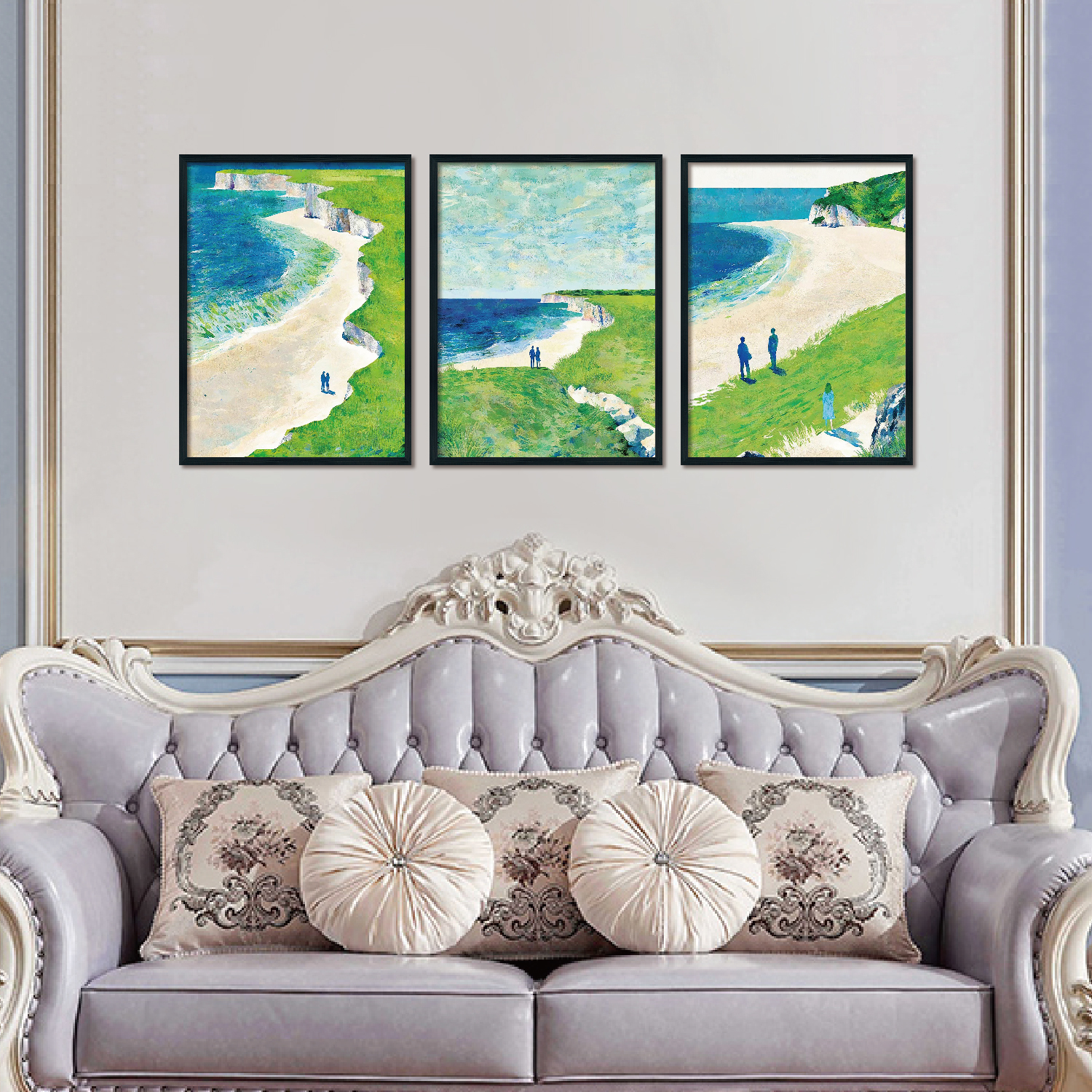 Triplet Wood Frame Decorative Painting (Green Oil Painting Beach)